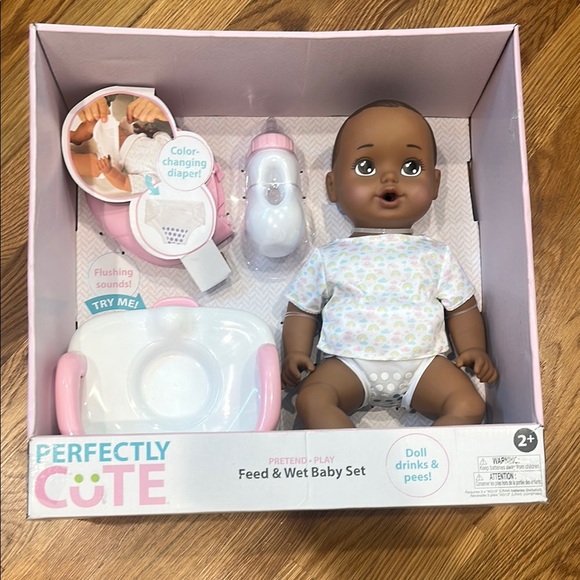 Perfectly Cute Brown Baby Doll Set with bottle toilet & color change diaper new - Picture 6 of 6